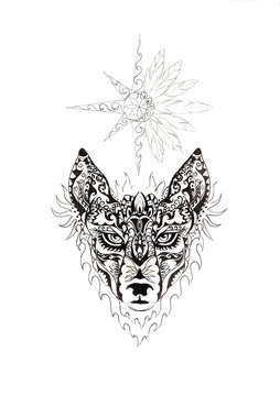 ornamental painting of wolf, sacred animal and ornamental star with feathers.
