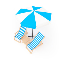3D sun beach umbrella with two folding chairs with cloth cover with naval pattern and wooden table