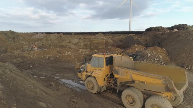 Drone flight over truck at a quarry