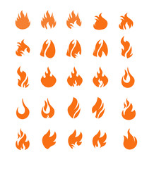 Red fire flat icons and pictograms set isolated on white background for danger concept or logo design