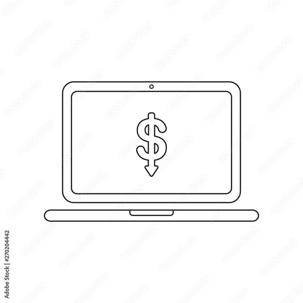 Poster vector icon concept of dollar arrow moving down inside laptop computer.