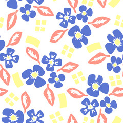 vector colorful pattern with flowers and leaves. Seamless flat background in scandinavian style.