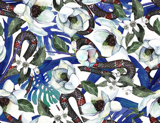 Tropical pattern with beautiful flowers of magnolia and snake. Seamless pattern with tropical leaves and animals
