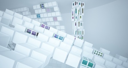 Abstract white and colored gradient glasses interior multilevel public space with window. 3D illustration and rendering.