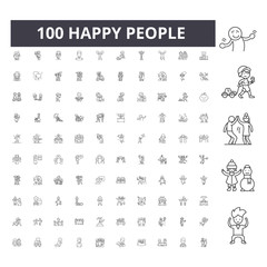 Happy people line icons, signs, vector set, outline concept illustration