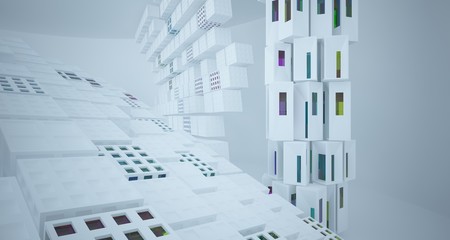 Fototapeta premium Abstract white and colored gradient glasses interior multilevel public space with window. 3D illustration and rendering.
