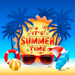 Summer time, holiday cover banner design, elements in sky background.