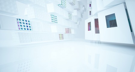 Abstract white and colored gradient glasses interior multilevel public space with window. 3D illustration and rendering.