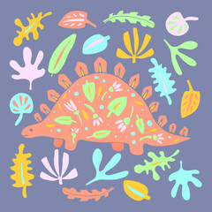 Obraz premium Cute dinosaur color hand drawn vector character. Dino flat handdrawn clipart. Prehistoric animal. Isolated cartoon illustration for kids game, book, t-shirt