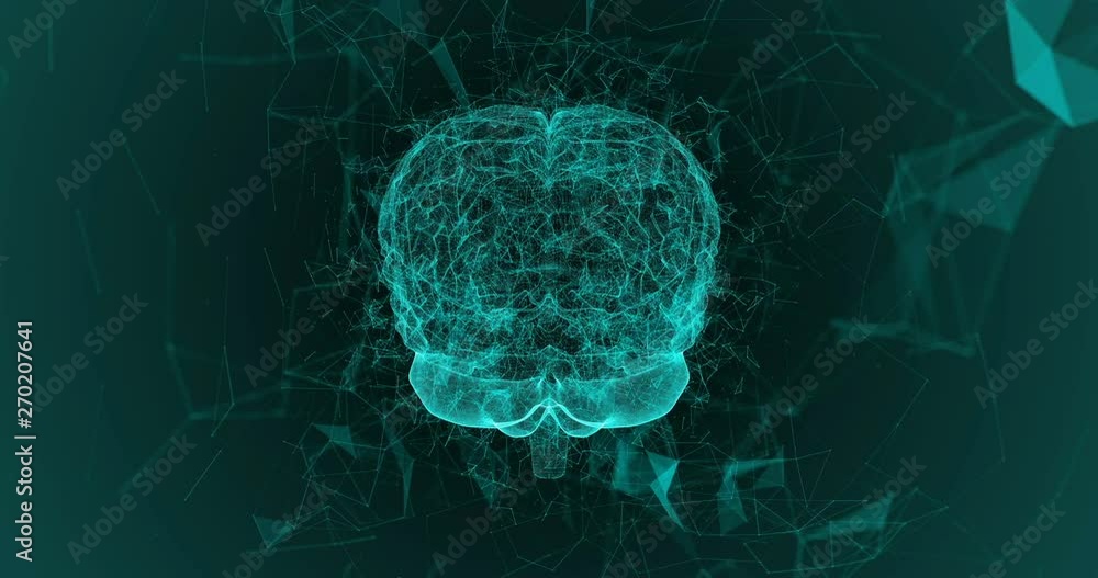 Poster human brain being formed by revolving particles. plexus structure evolving around. blue abstract fut
