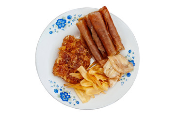 Thai local made dried fruit sweet snack - Mango sheet, Crispy banana chips and preserved pineapple...