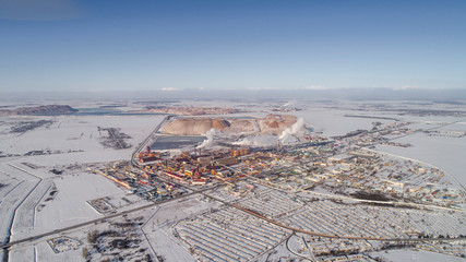production of potash fertilizers in Soligorsk, winter season, shooting from above
