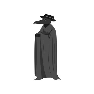 Medieval plague doctor with black hat and long textile coat