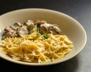 pasta Farfalle with mushrooms, cream sauce and cheese (main dish) snack. food background. top