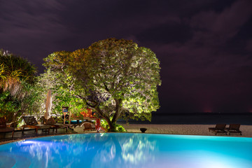shiny pool and tree at the beach at night