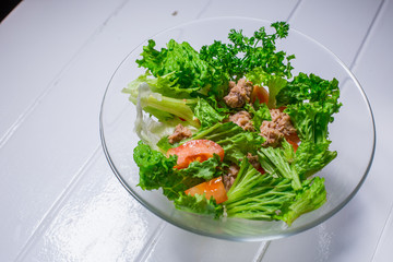 Salad with meat, chicken, lettuce, dill, tomato. For the menu restaurant bar cafe
