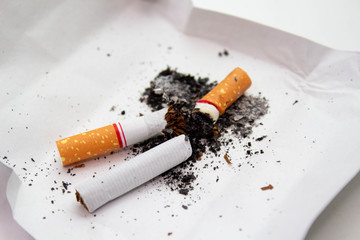 World No Tobacco Day; Cigarette with black ashes isolated on white background and space for text.