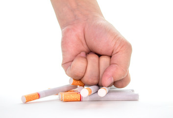 World No Tobacco Day; fist breaking cigarette - stop smoking concept on white background and space for text.