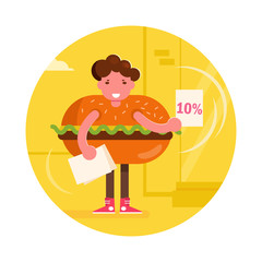 Promoter in a hamburger suit Vector. Cartoon. Isolated art