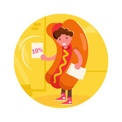 Promoter in a hot dog costume Vector. Cartoon. Isolated art