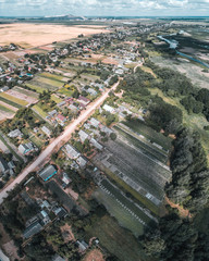 village with streets and gardens, view from above