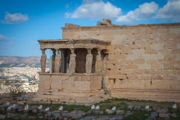 Tilt shift effect of the loggia of the caryatids in the Erechtheum, Athens