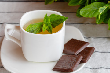 Fragrant hot tea with mint in a white cup on a table.