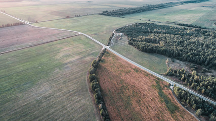 agricultural fields and roads top view
