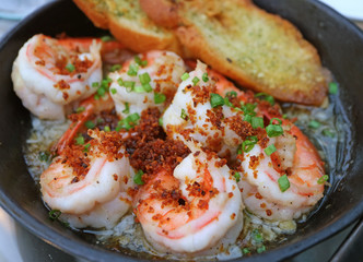 Mouthwatering Spanish Style Garlic Shrimp or Gambas al Ajillo in a Hot Pan