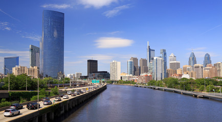Philadelphia skyline with the Schuylkill River and highway on the foreground, USA. Panoramic view.