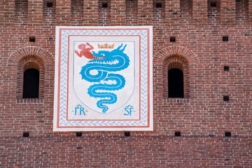 Milan, Italy: the biscione, an azure serpent in the act of consuming a human, the emblem of the...