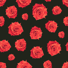 Red roses romantic fabric seamless pattern. Red flower on a dark green background. Vintage decorative fashion texture print on clothes or t-shirt