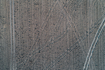traces of the wheels in the field after harvest. view from above