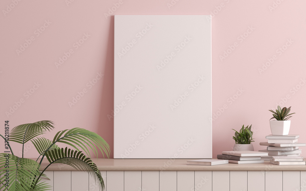 Poster mock-up of picture canvas frame with small plant in vase and books on light pink wall. perspective o