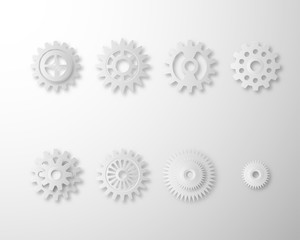 Collection of Gears and cog wheel isolated on white background. Set of white gears paper art style.