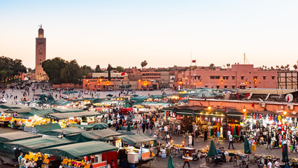 MARRAKECH, MOROCCO - MAY 15 2019: Djemaa El-fna at Marrakech, Morocco. Top view of the UNESCO...