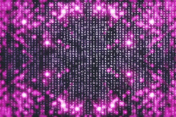 Pink matrix digital background. Abstract cyberspace concept. Characters fall down. Matrix from symbols stream. Virtual reality design. Complex algorithm data hacking. Pink digital sparks.