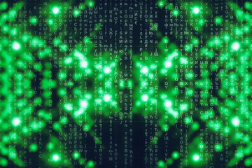 Green blue matrix digital background. Abstract cyberspace concept. Characters fall down. Matrix from symbols stream. Virtual reality design. Complex algorithm data hacking. Green digital sparks.
