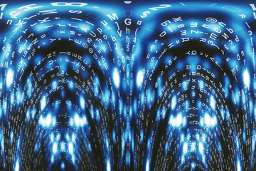 Blue matrix digital background. Distorted cyberspace concept. Characters fall down. Matrix from...