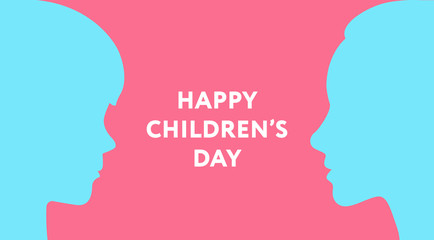 Happy Children Day. Young Boy and Girl Kid Child Profile Silhouette Head Shape. Greeting Card Background.