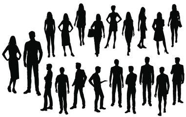 Vector silhouettes men and women standing and walking, different poses, group business  people, black color, isolated on white background