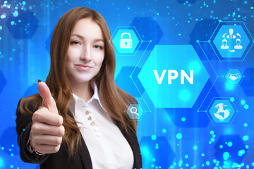 The concept of business, technology, the Internet and the network. A young entrepreneur working on a virtual screen of the future and sees the inscription: VPN