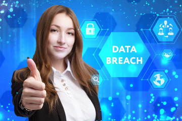 The concept of business, technology, the Internet and the network. A young entrepreneur working on a virtual screen of the future and sees the inscription: Data breach