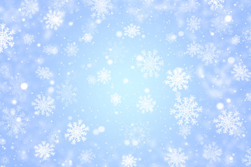Naklejka na ściany i meble Light blue winter background with white snowflakes. 
