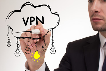 Business, technology, internet and networking concept. Young entrepreneur showing keyword: VPN