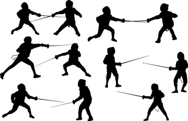 group of young fencers silhouettes isolated on white