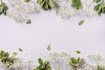 Small white gypsophila flowers on pastel grey background. Women's Day, Mother's Day, Valentine's Day, Wedding concept. Flat lay. Top view. Copy space