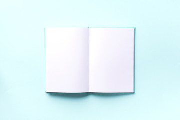 Top view of open pink, turquoise notebooks on pastel blue background. Copy space. Woman business,...