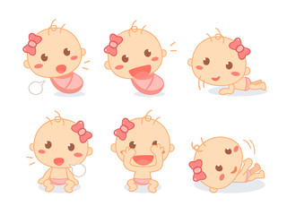 Set of a cute newborn baby girl. Infant toddler milestones. Baby development.