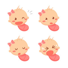 Newborn baby girl in actions. Flat design and cartoon. Baby development and milestones.